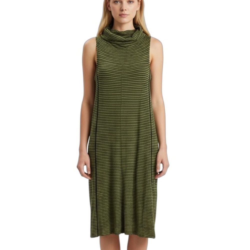 Toad&Co Panoply Athleisure Stripe Cotton Sleeveless Cowl Neck Dress Medium Green